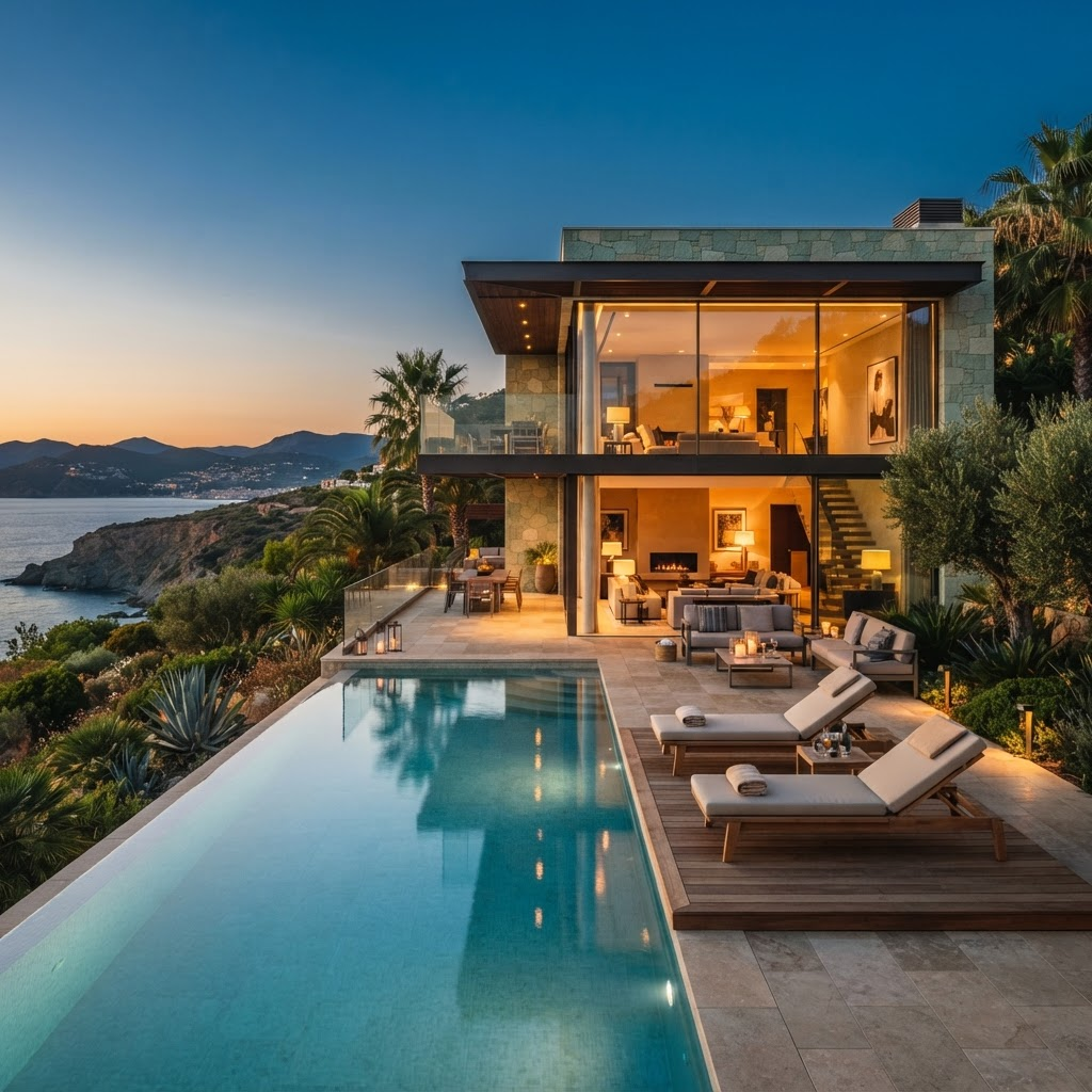 Luxury vacation villa with an infinity pool at golden hour